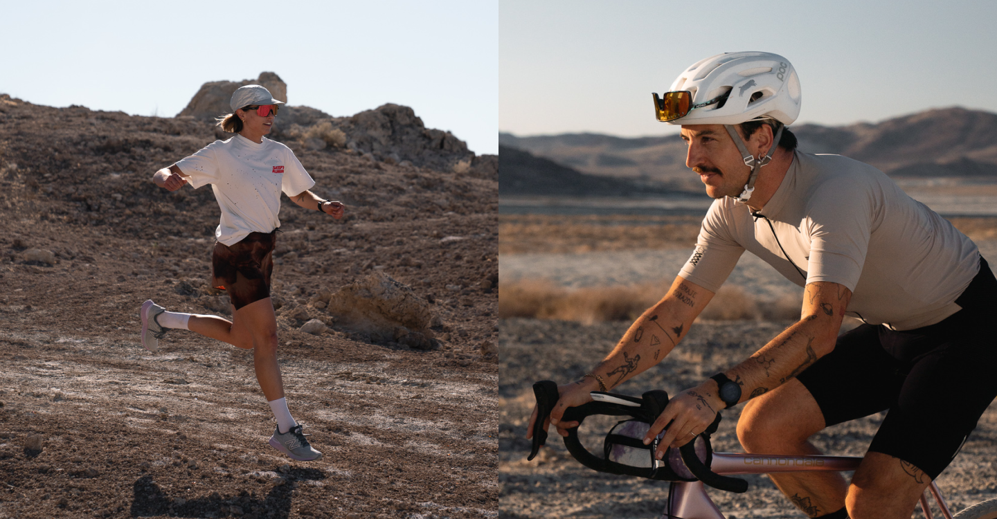 Female runner in profile view downhill; Male cyclist riding gravel bike profile close up